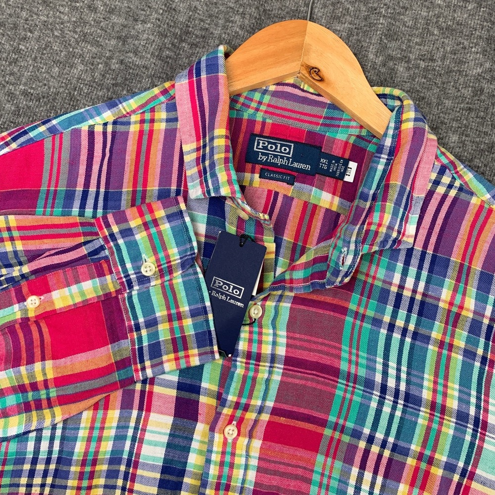 Polo Ralph Lauren Linen Shirt Men 2XL Plaid Pink Preppy Ive League Classic NEW